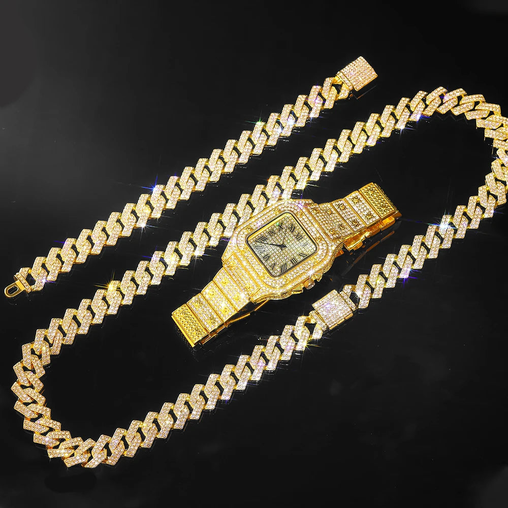 Gold Color Cuban Chain Watch & Bracelet Set – Hip Hop Iced Out Bling Jewelry for Men - Image 9