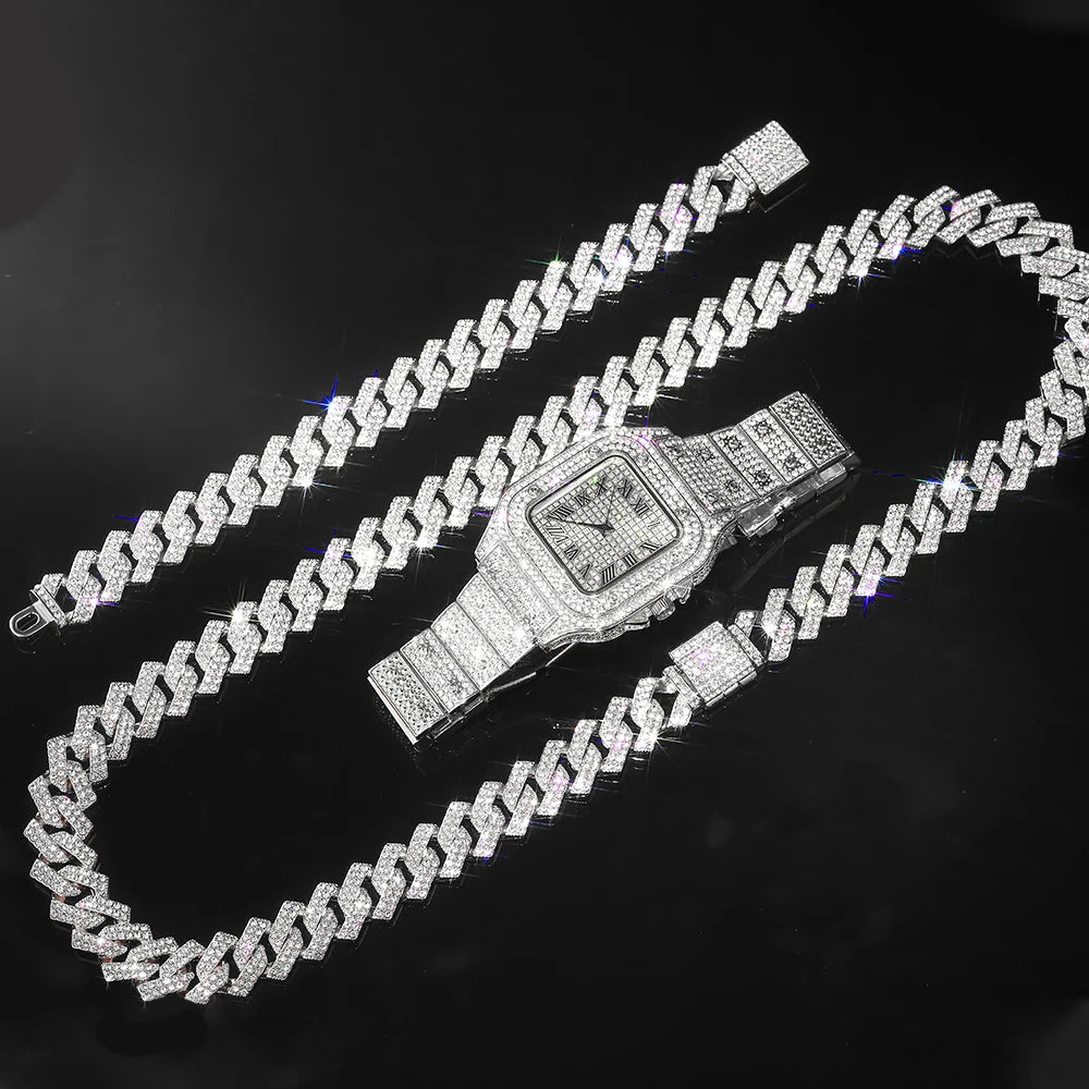 Gold Color Cuban Chain Watch & Bracelet Set – Hip Hop Iced Out Bling Jewelry for Men - Image 2