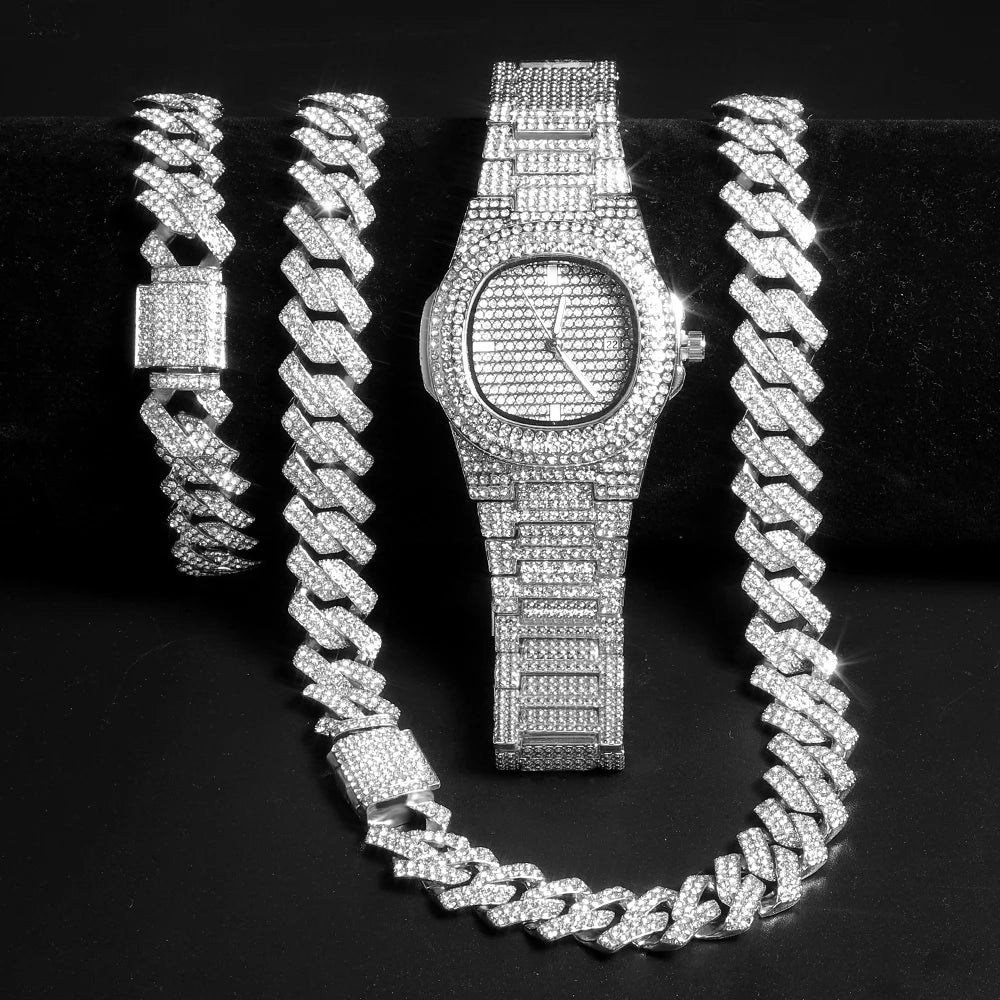 Gold Color Cuban Chain Watch & Bracelet Set – Hip Hop Iced Out Bling Jewelry for Men - Image 12