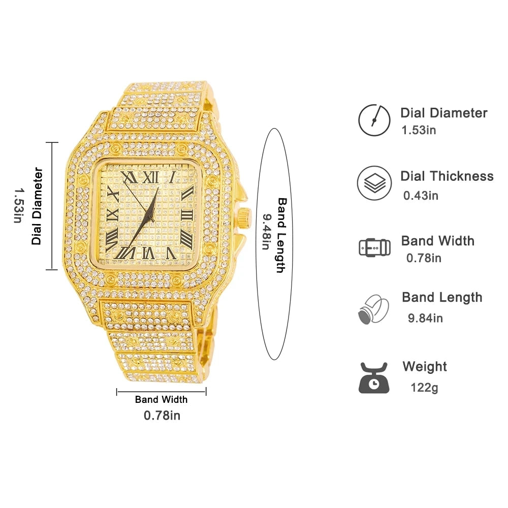 Gold Color Cuban Chain Watch & Bracelet Set – Hip Hop Iced Out Bling Jewelry for Men - Image 3