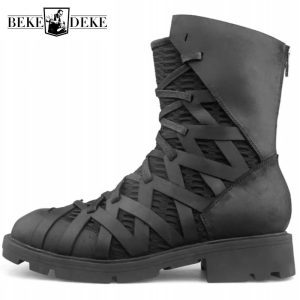 High-Top Punk Ankle Shoes for Men – Genuine Leather Mesh Patchwork Zip-Up Hip Hop Sneakers