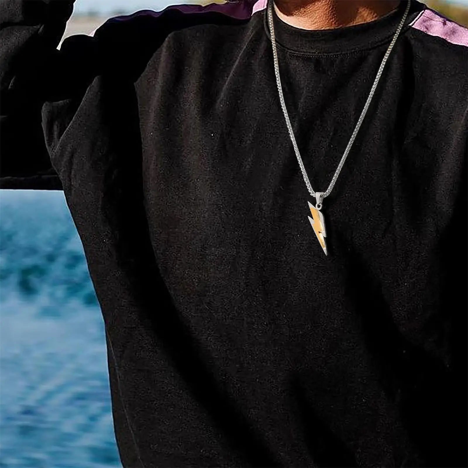 Trendy Lightning Pendant Necklace – Two-Tone Stainless Steel Chain for Men - Image 4