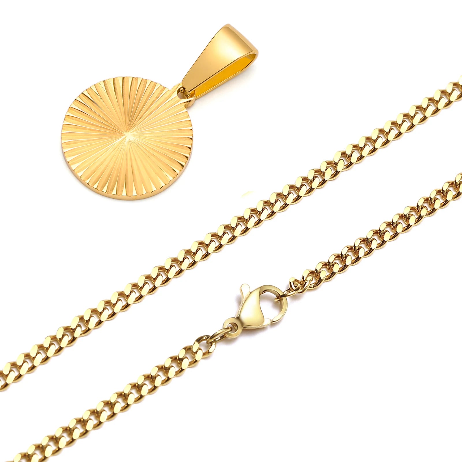 Gold-Plated Sunburst Pendant Necklace – Embossed Rectangle Charm for Men - Image 7