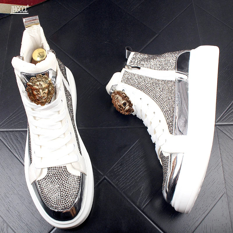 Luxury Rhinestone Men’s High-Top Sneakers – Hip Hop Zipper Boots with Elastic Sole (Model A6) - Image 6