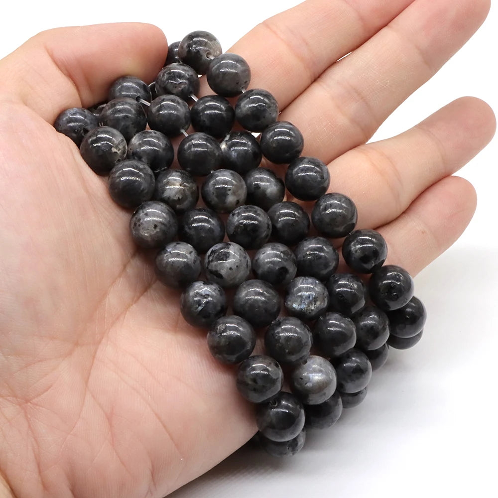 Natural Black Larvikite Labradorite Round Beads – Loose Stone Strand for DIY Jewelry Making - Image 2