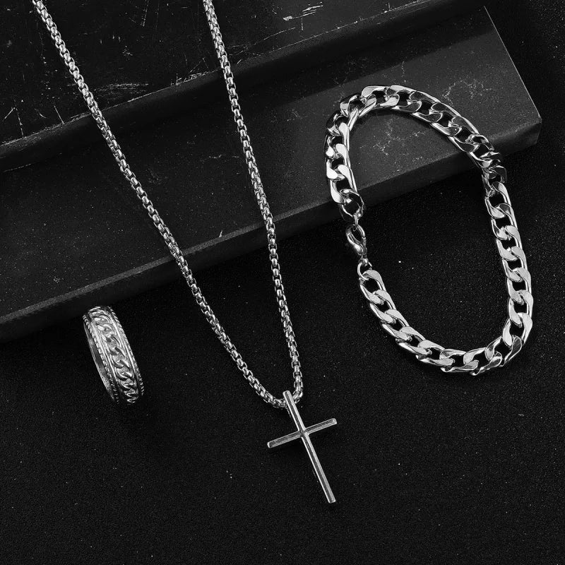 3pcs/Set Punk Black Cross Jewelry – Men's Necklace, Thick Chain Bracelet & Ring Set - Image 7