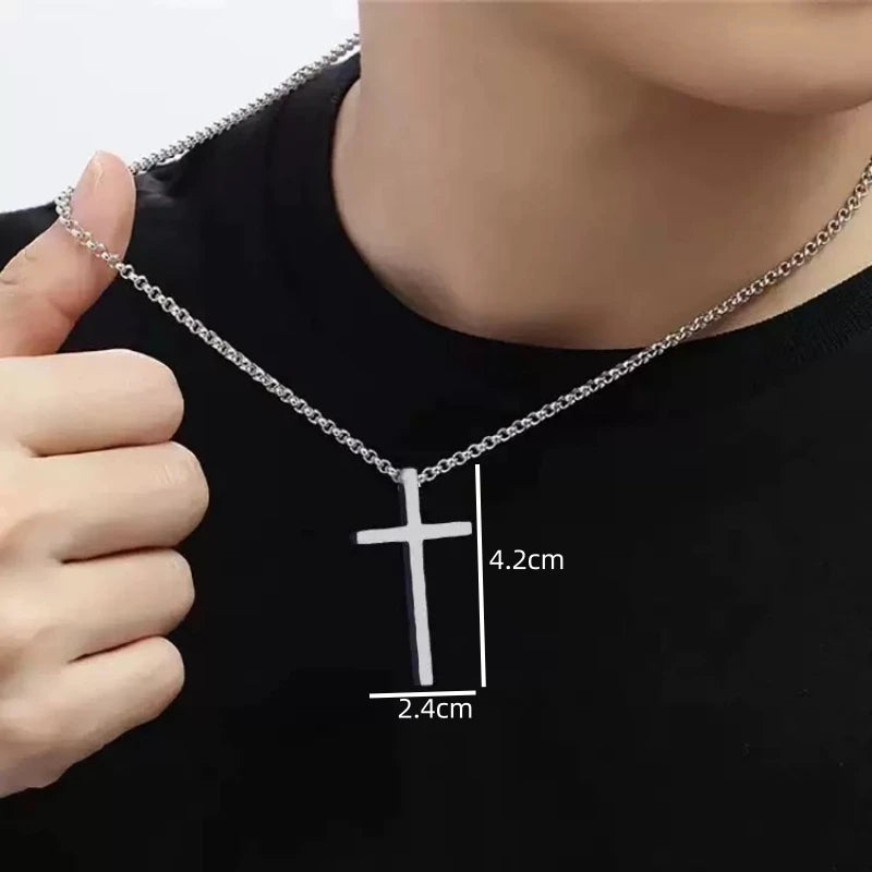 Hip Hop Trend Cross Pendant Necklace – Men's Silver Titanium Steel Chain - Image 2
