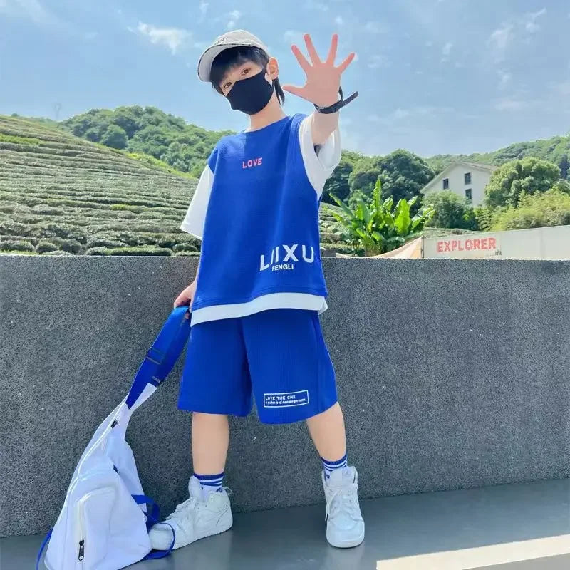 Junior Boys Summer Suit Children's Fashion Patchwork Short Sleeve Shorts Sports Suit Clothing 3-14Y Trend - Image 7