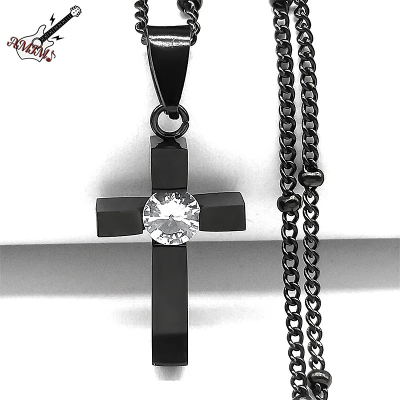 Hip-Hop Cross Rhinestone Pendant Necklace – Black Stainless Steel Religious Amulet for Men & Women