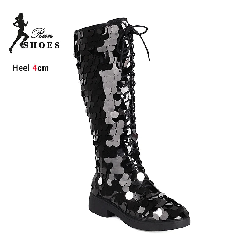 2025 Shiny Sequin Knee-High Boots – Silvery Lace-Up Gothic Hip-Hop Dance Shoes for Women - Image 11