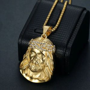 Gold-Plated Jesus Head Pendant Necklace – Stainless Steel Titanium Hip-Hop Chain for Men & Women