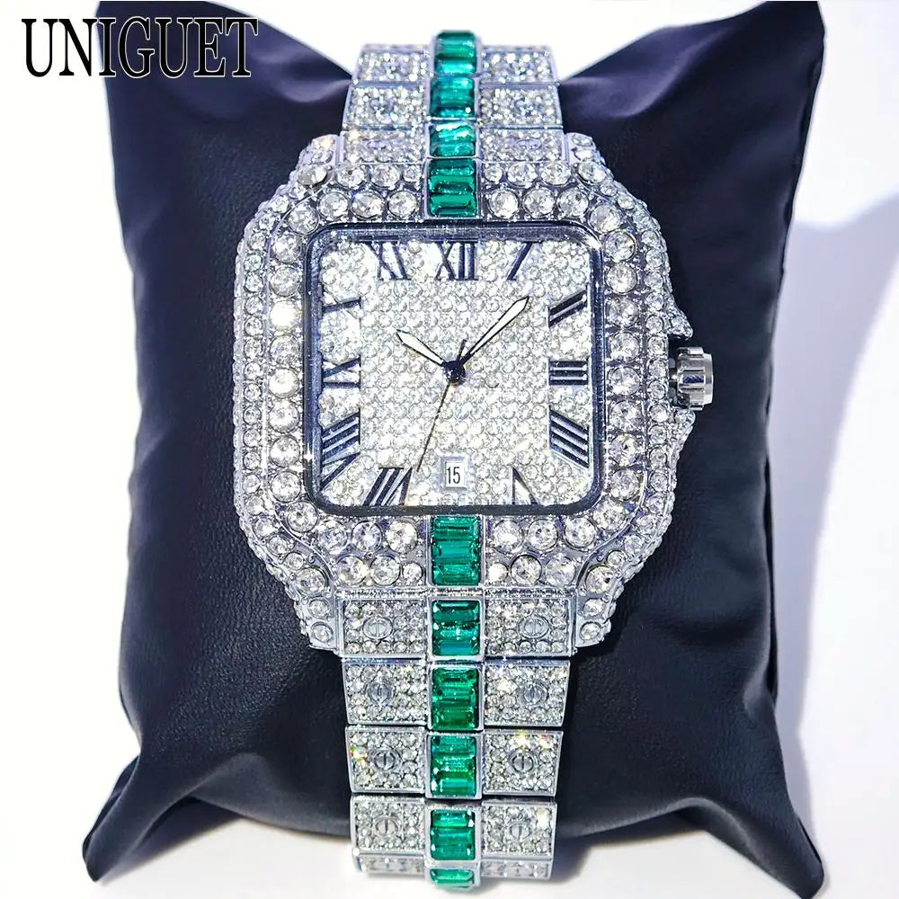 UNIGUET Full Diamond Iced-Out Watch – Square Quartz Hip Hop Wristwatch for Men - Image 5