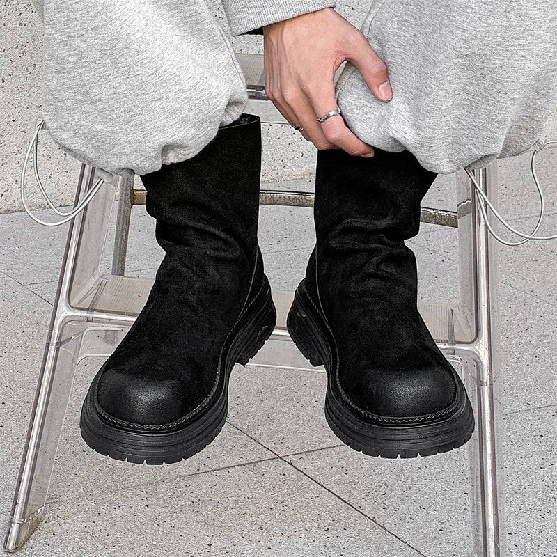 Men’s Punk Hip Hop High Chelsea Boots – Cow Suede Leather Platform Cowboy Motorcycle Boots - Image 2