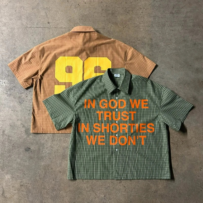 Y2K Plaid "Trust God" Graphic Shirt – Unisex Retro Hip-Hop Streetwear Tee - Image 2