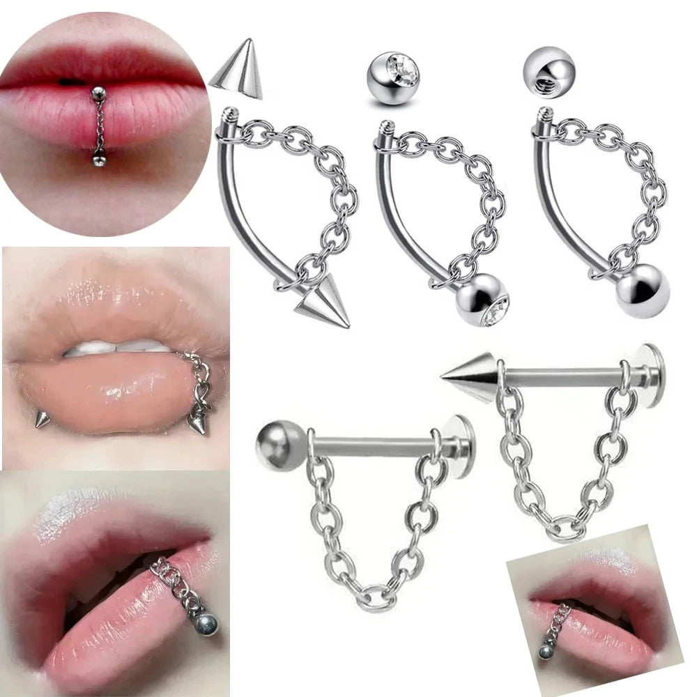 Punk Detachable Lip & Cartilage Stud Earrings – Stainless Steel Chain Body Jewelry