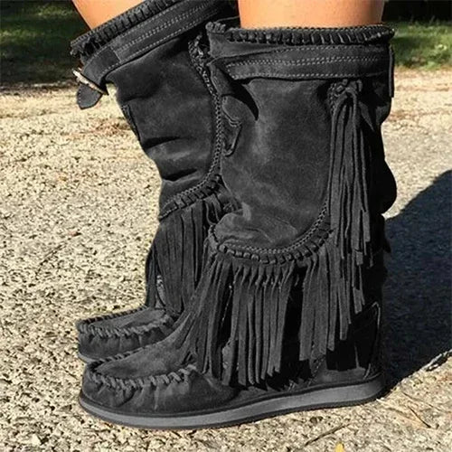 Women’s Pirate Boots – Pleated Tassel Mid-Calf Buckle Leather Boots with High Heels - Image 6