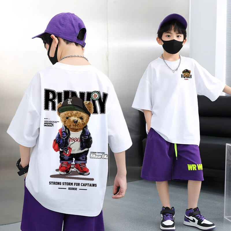 2025 Children's Clothing American Vintage Bear Print Graphic T Shirts Boys Summer Cotton Short-sleeved T-shirt Tops Streetwear