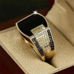 Classic Men’s Gold Color Ring – Inlaid Black Stone Punk Zircon Ring for Engagement & Wedding