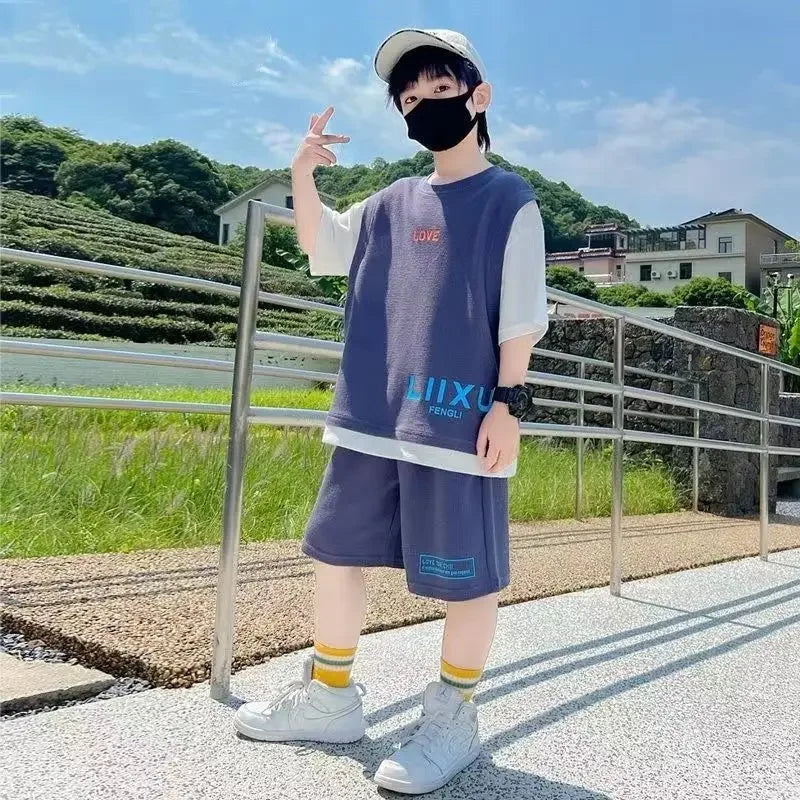 Junior Boys Summer Suit Children's Fashion Patchwork Short Sleeve Shorts Sports Suit Clothing 3-14Y Trend - Image 4