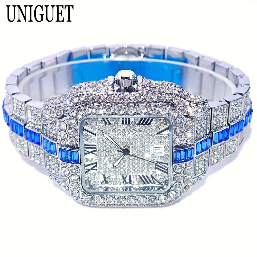 UNIGUET Full Diamond Iced-Out Watch – Square Quartz Hip Hop Wristwatch for Men