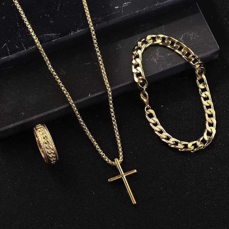 3pcs/Set Punk Black Cross Jewelry – Men's Necklace, Thick Chain Bracelet & Ring Set - Image 6