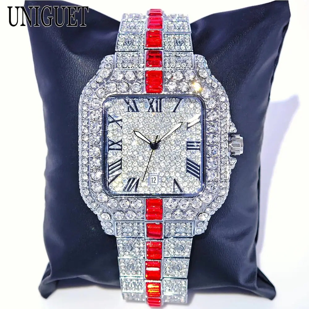UNIGUET Full Diamond Iced-Out Watch – Square Quartz Hip Hop Wristwatch for Men - Image 6