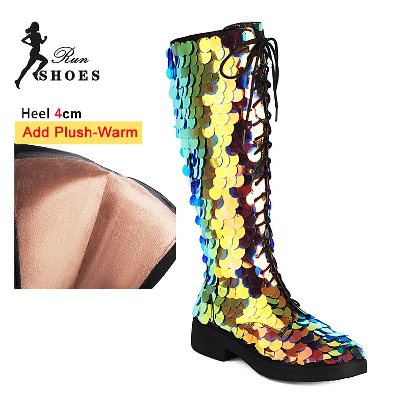 2025 Shiny Sequin Knee-High Boots – Silvery Lace-Up Gothic Hip-Hop Dance Shoes for Women - Image 13