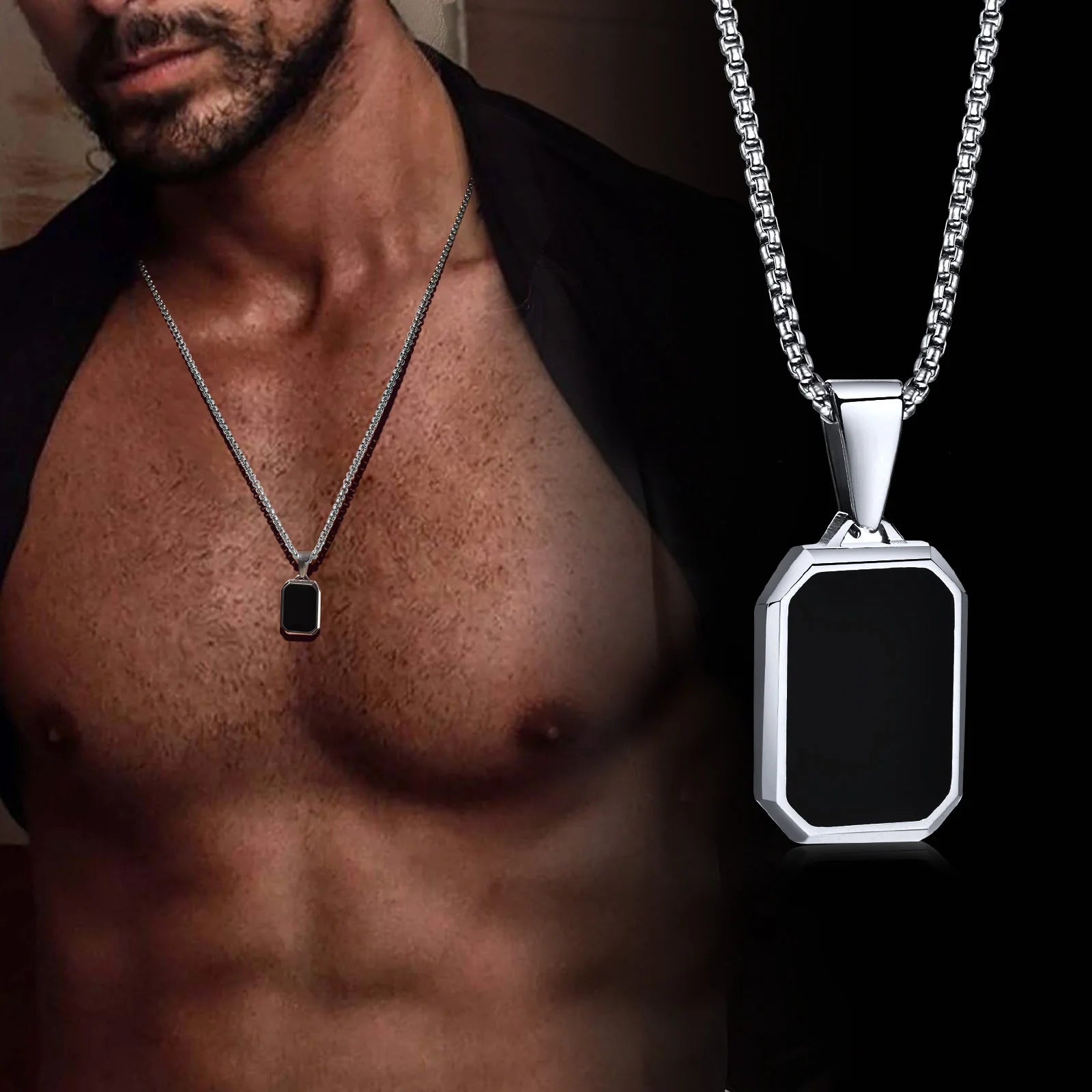 Vnox Small Dog Tag Pendant Necklace – Black & Silver Stainless Steel Military Style for Men & Boys - Image 2