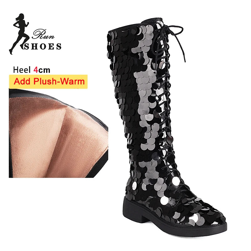 2025 Shiny Sequin Knee-High Boots – Silvery Lace-Up Gothic Hip-Hop Dance Shoes for Women - Image 14