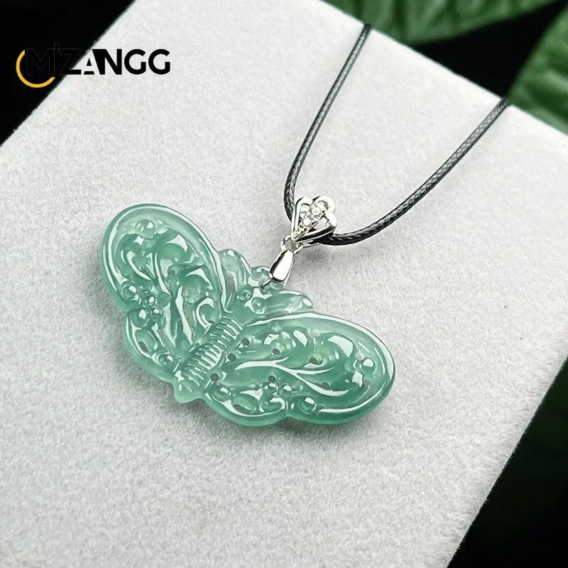 Natural 925 Silver Inlaid Jadeite Butterfly Pendant – Ice Blue Women's Necklace with Hollow Design - Image 2
