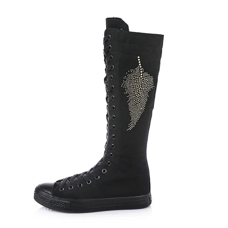 High-Top Long Canvas Boots for Women – Lace-Up Zipper Punk Rivet Dance Shoes - Image 6