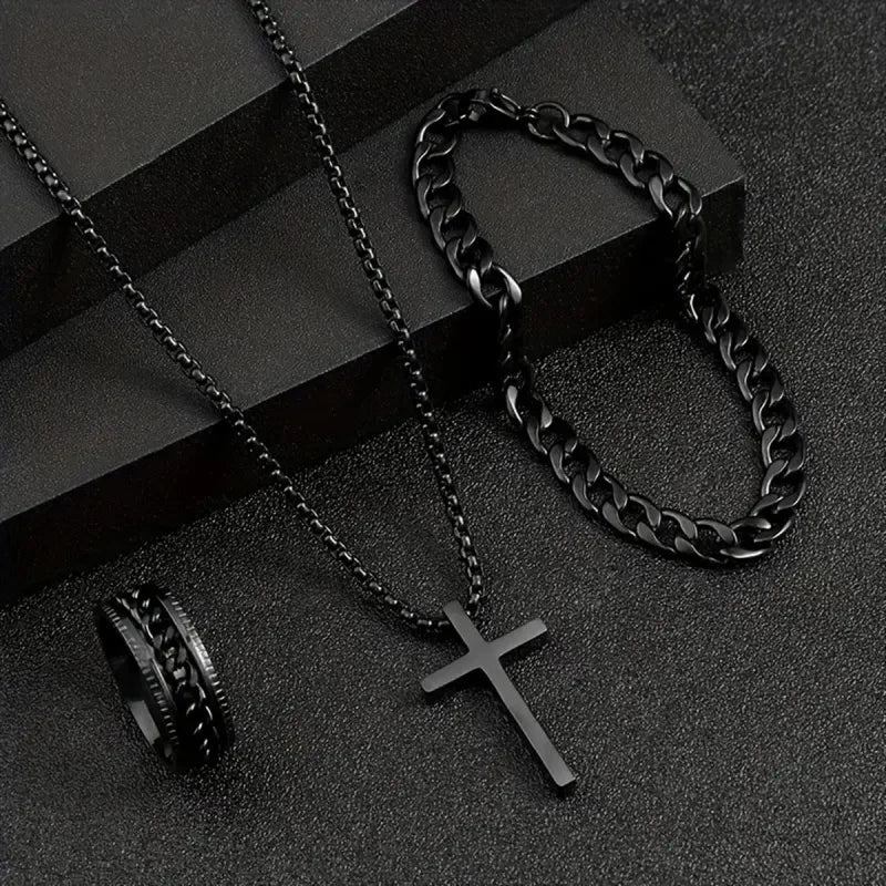 3pcs/Set Punk Black Cross Jewelry – Men's Necklace, Thick Chain Bracelet & Ring Set