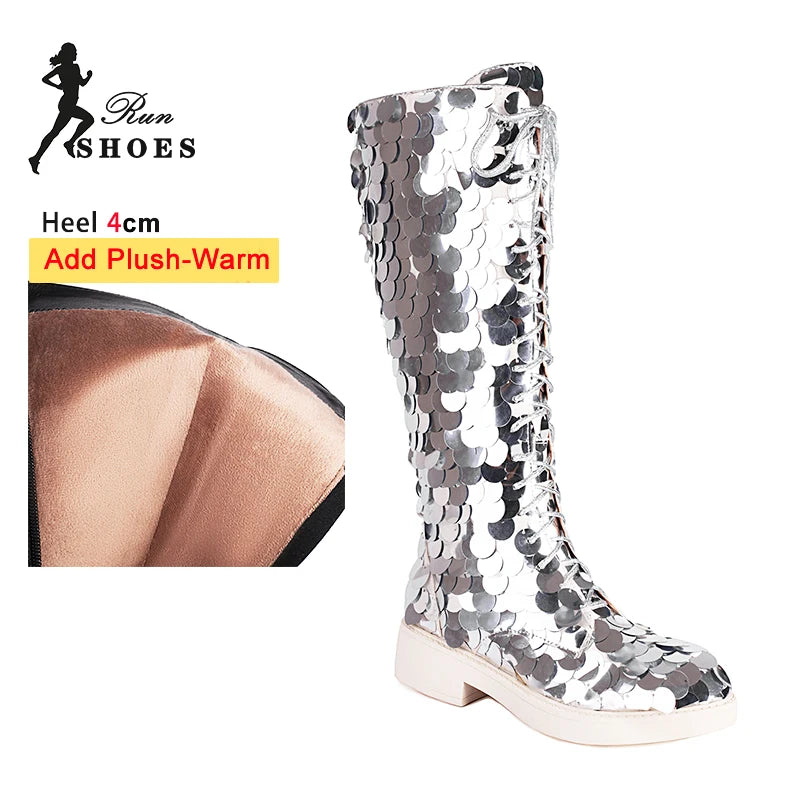 2025 Shiny Sequin Knee-High Boots – Silvery Lace-Up Gothic Hip-Hop Dance Shoes for Women - Image 10