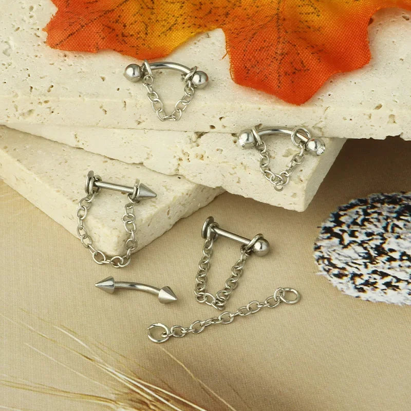 Punk Detachable Lip & Cartilage Stud Earrings – Stainless Steel Chain Body Jewelry - Image 2