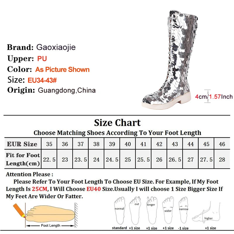 2025 Shiny Sequin Knee-High Boots – Silvery Lace-Up Gothic Hip-Hop Dance Shoes for Women - Image 4